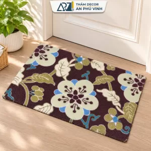 Thảm In TLS 60x90 Vải Balo Tổ Ong Họa Tiết Hoa Đen Thấm Hút Decor Nhà Cửa APV-16L01