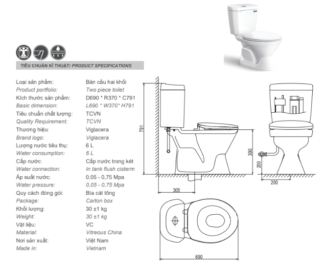 Thông số kỹ thuật bàn cầu hai khối Viglacera VI66 giúp người dùng chọn kích thước và tâm xả chuẩn xác