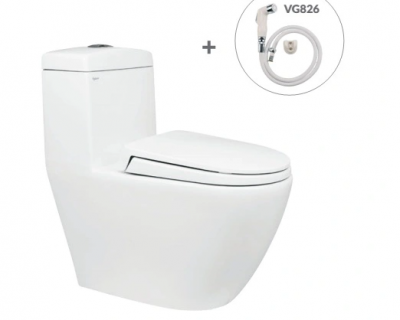 Bộ sản phẩm bàn cầu một khối Viglacera V199 trọn gói đi kèm quà tặng vòi xịt kính kèm dây VG826 và van góc khóa nước bằng đồng VG853.