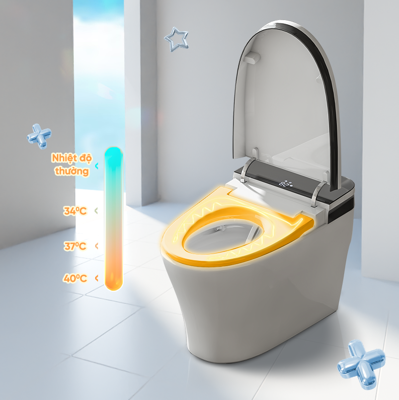 Chức năng sưởi ấm bệ ngồi thông minh mang đến sự ấm áp tức thì, giúp xua tan cảm giác lạnh giá và bảo vệ sức khỏe cả gia đình trong mùa lạnh.