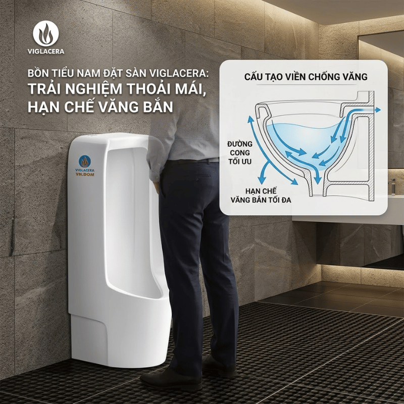 Bồn tiểu nam đặt sàn mang lại trải nghiệm sử dụng thoải mái hạn chế tối đa văng bắn
