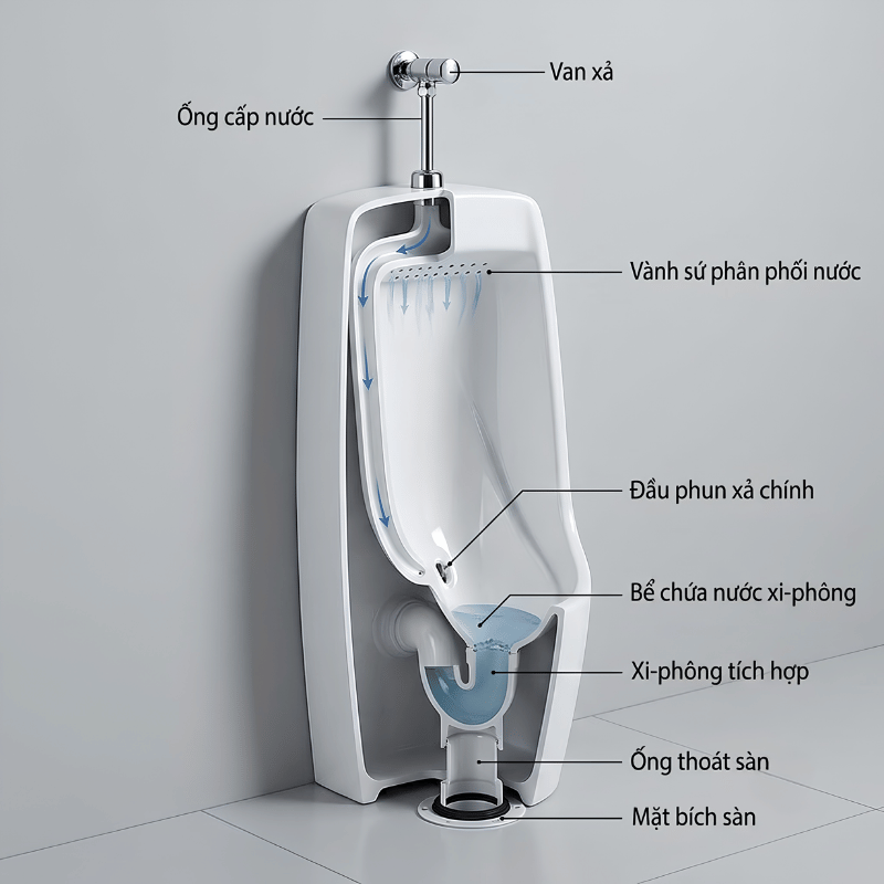 Cấu tạo chi tiết của bồn tiểu nam đặt sàn với các thành phần kỹ thuật chính