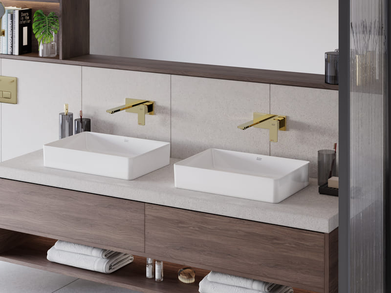 Sự kết hợp giữa chậu dương bàn và mặt bàn từ cùng một chất liệu đá nhân tạo tạo nên một khối liền mạch, mang đến vẻ đẹp tối giản, thời thượng và đẳng cấp.