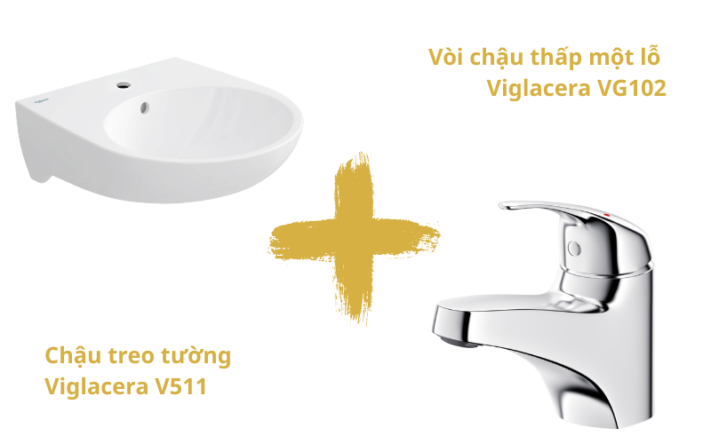 Chậu treo tường Viglacera V511 phối hợp cùng vòi chậu thấp một lỗ Viglacera VG102 tạo không gian hoàn hảo