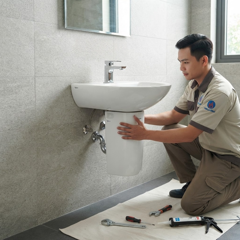 Hướng dẫn các bước lắp đặt chân chậu lửng Viglacera VI5 đúng kỹ thuật và thẩm mỹ