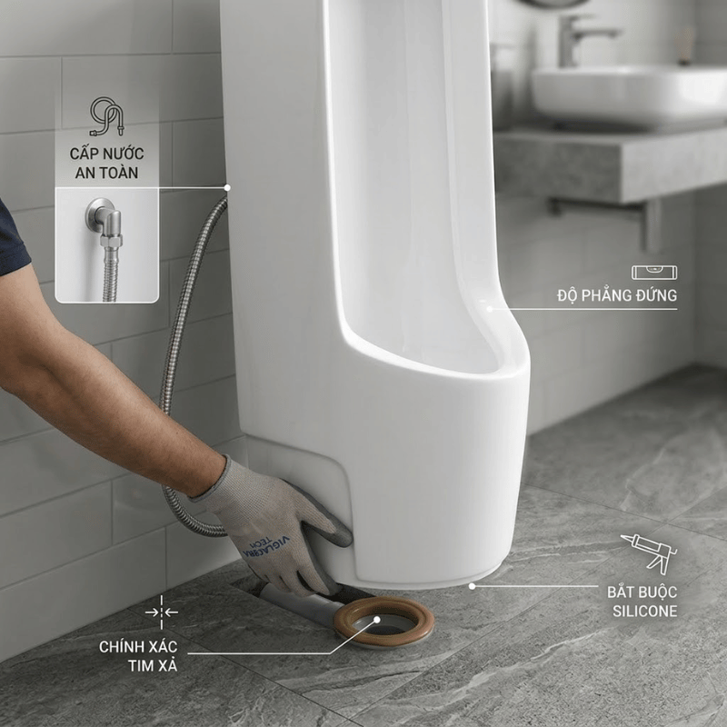 Quy trình lắp đặt và lưu ý kỹ thuật khi thi công bồn tiểu đặt sàn Viglacera BS604