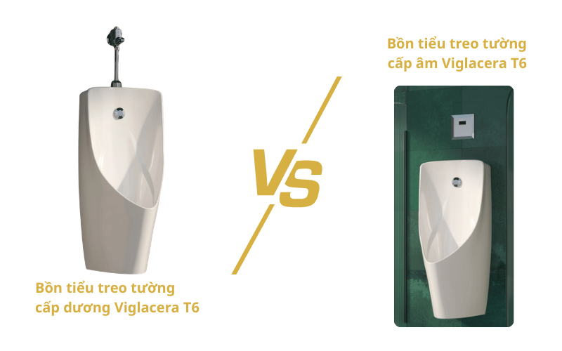Bảng so sánh bồn tiểu treo tường cấp dương Viglacera T6 và cấp âm Viglacera T6